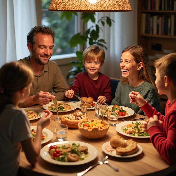 Sebuah keluarga yang terdiri dari ayah, ibu, dan tiga anak sedang menikmati makan malam bersama di meja makan yang hangat dan terang.